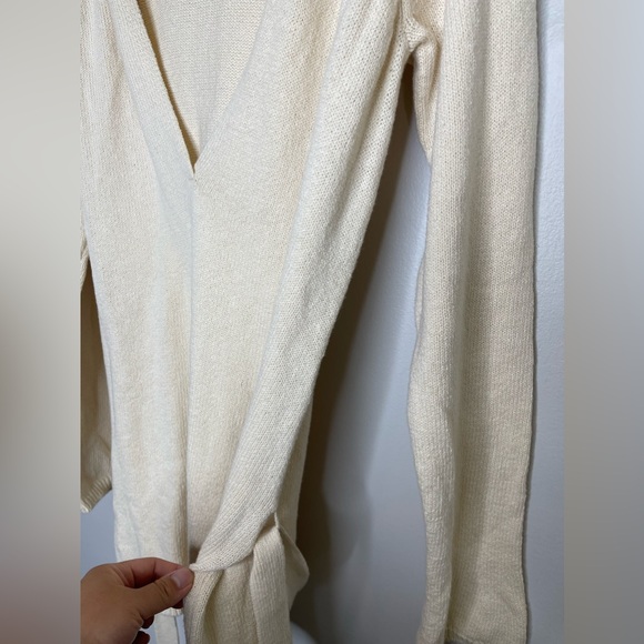 Vince New Ivory Cotton Hoodied Deep V Belted Knit Pullover L Coastal Designer - Picture 5 of 9